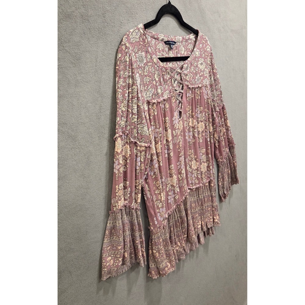 American Eagle Floral Blouse Women's Medium Boho Lace Up Tiered Bell Sleeve - Picture 2 of 15